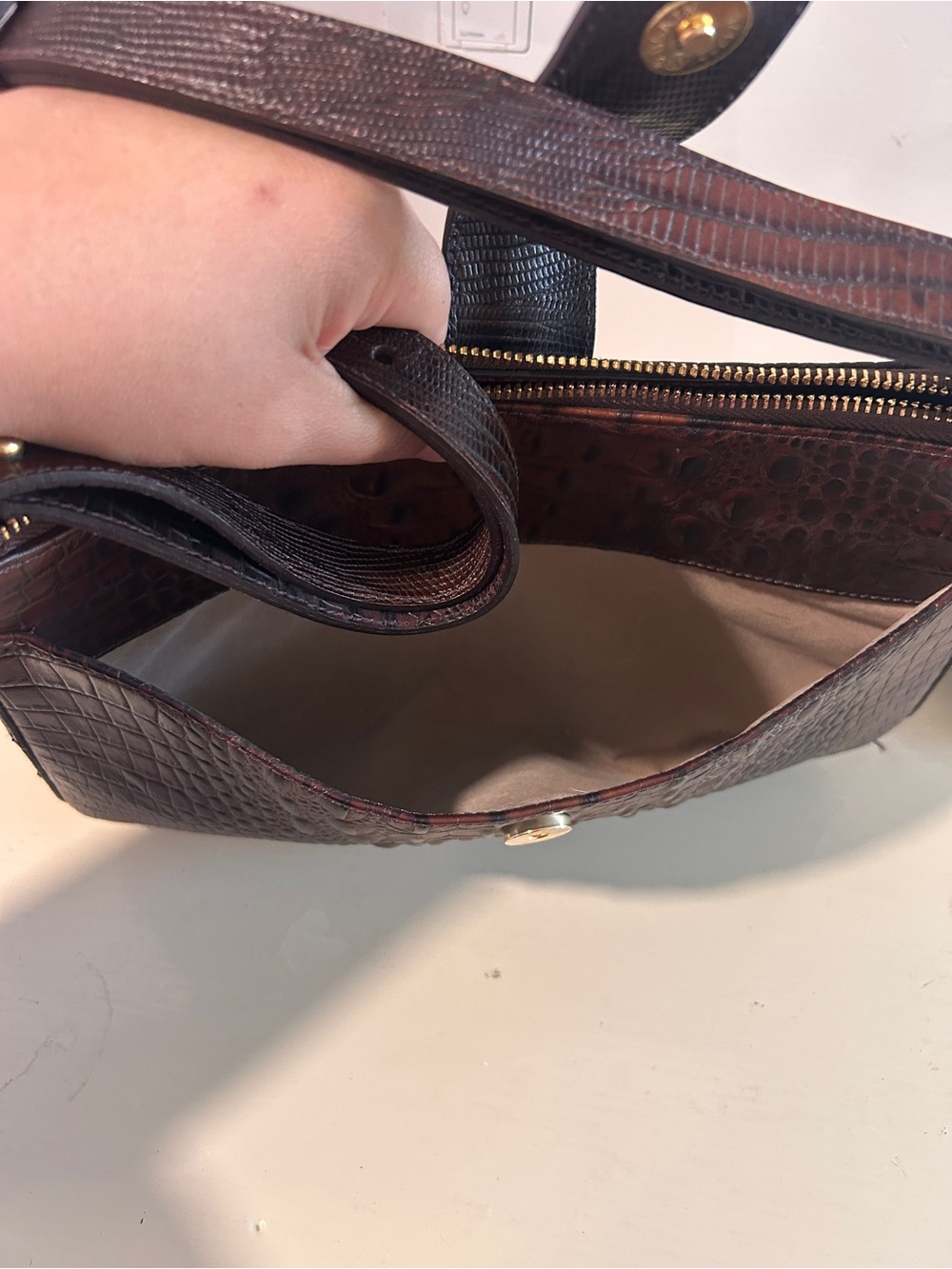 Brahmin Croc-Embossed Shoulder Bag in Deep Brown with Gold Accent - Picture 4 of 7